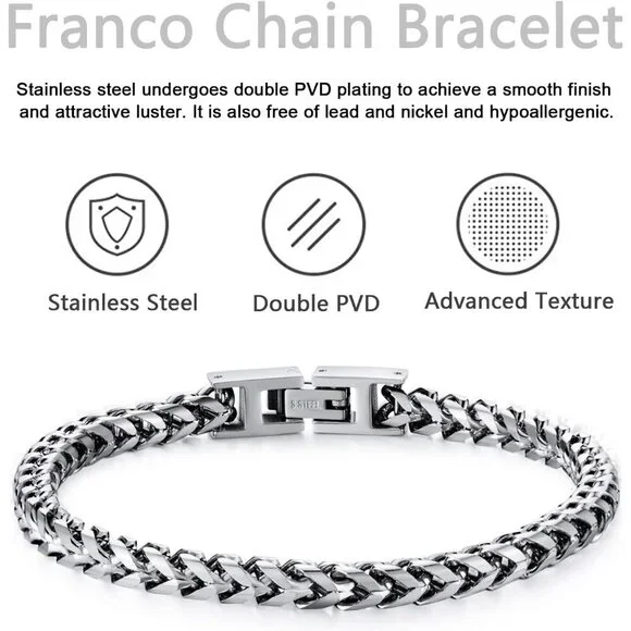 ⭐ Men's Stainless Steel Franco Chain Bracelet Fold Over Clasp 7-8 Inch